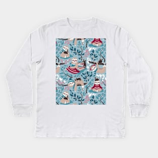 Hygge sloth // pattern // pale blue and red Kids Long Sleeve T-Shirt